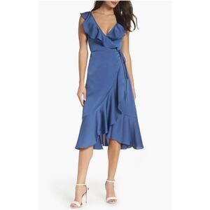 Fame and Partners The Alexa Ruffle Wrap Dress High Low Satin Blue Womens 0 NWT